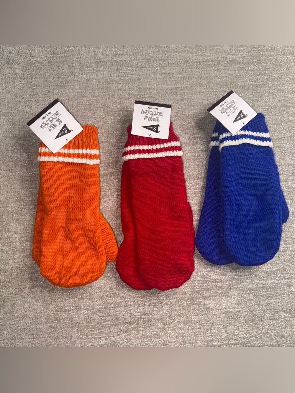 3 Pair of Vintage Style Knit Mittens Red Orange Blue White Striped NWT One Size